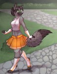 angrboda anthro black_hair bottomwear canid canine clothing female footwear fox fur gloves glowing glowing_eyes green_eyes grey_body grey_fur hair handwear hi_res legwear mammal ponytail skirt socks solo stirrup_socks