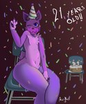 abdominal_bulge ambiguous_gender anthro biped cake candle chair clothing confetti dessert food fur fur_tuft furniture hat headgear headwear highlights_(coloring) hooves looking_at_viewer on_chair party_hat purple_body purple_eyes purple_fur simple_background sitting sitting_on_chair solo text tuft aujko lyg_(aujko) deer mammal new_world_deer pudu 5:6 absurd_res english_text hi_res shaded