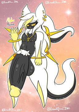 anthro big_penis black_penis collar cross cross_necklace ear_piercing eyewear femboy genitals glasses hair huge_penis jewelry male necklace penis piercing solo tail teeth white_hair yellow_eyes lewdchuu nintendo pokemon alpha_(lewdchuu) arceus deity generation_4_pokemon legendary_pokemon pokemon_(species) hi_res