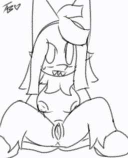 anthro anus dialogue female genitals pinata presenting presenting_anus presenting_vulva simple_background sitting solo spread_legs spreading teeth text vulva white_background x_anus tyefoat_(artist) dandy's_world roblox yatta_(dandy's_world) toons_(dandys_world) 2d_animation animated english_text frame_by_frame monochrome short_playtime