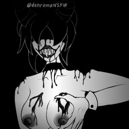 big_breasts black_hair black_lips black_nipples bodypaint breast_grab breasts choker female grabbing_own_breast hair hand_on_breast hidden_eyes horn ink jewelry lips looking_at_viewer necklace nipples self_grope sharp_teeth solo teeth white_body white_skin dehromansfw dehromansfw_(character) humanoid 1:1 hi_res monochrome