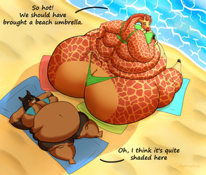 anthro areola beach belly big_belly big_breasts big_butt bikini bodily_fluids breasts butt butt_cleavage clothing dialogue duo exhausted female female/female huge_butt hyper hyper_butt light lying markings morbidly_obese obese obese_female overweight overweight_female sand seaside sitting size_difference smile speech_bubble spots spotted_markings sunlight sweat swimwear text tight_clothing towel two-piece_swimsuit water y_shaped_butt_crack regenshine kitako vanessa_(regenshine) canid canine canis dobermann domestic_dog giraffe giraffid mammal pinscher absurd_res english_text hi_res shaded