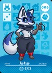 4_fingers amiibo_card anthro artur_(arturitofox) arturfox blue_eyes blue_hair bottomwear canid canine card clothing digital_media_(artwork) fingers fox full-length_portrait hair hi_res male mammal navel pants portrait scarf solo white_body