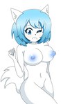 anthro areola blue_areola blue_eyes blue_hair blue_nipples blush breasts female fur genitals hair navel nipples nude one_eye_closed pussy simple_background smile solo white_background white_body white_fur wink unknown_artist wolfychu canid canine canis mammal wolf hi_res portrait three-quarter_portrait