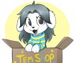 anthro black_eyes box clothed clothing container female fur grey_hair hair looking_at_viewer open_mouth simple_background solo striped_clothed text white_background white_body white_fur yellow_background moozua undertale undertale_(series) temmie_(undertale) mammal tem english_text