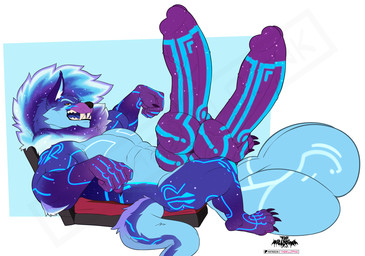 anthro balls big_balls big_penis black_nose blue_body blue_fur blue_hair flaccid fur genitals glans hair huge_balls huge_penis humanoid_genitalia humanoid_penis hybrid_genitalia hybrid_penis hyper hyper_balls hyper_genitalia hyper_penis knot knotted_humanoid_penis knotted_penis male paws penis solo thewilldpink canid canine canis mammal wolf hi_res watermark