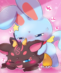 ambiguous_penetration avian_feet biped bipedal_feral black_body black_feathers blue_body blue_eyes blue_fur blush blush_lines bodily_fluids chibi claws cum cum_drip cum_on_ground cute_fangs dripping duo ear_nibble facial_markings fangs feathers female female_feral female_penetrated feral feral_on_feral feral_penetrated feral_penetrating feral_penetrating_feral forehead_markings fur genital_fluids half-closed_eyes happy happy_sex head_markings heart_catchlight heart_reaction interspecies looking_at_another looking_at_partner looking_back looking_back_at_another looking_back_at_partner male male/female male_feral male_penetrating male_penetrating_female markings monotone_body monotone_feathers monotone_fur narrowed_eyes neckwear obscured_sex open_mouth open_smile penetration pink_background rabbit_ears saliva sex simple_background smile sweat tail teeth three-quarter_view thrust_lines thrusting toe_claws wings badwingm avian hybrid 2022 character_request digital_drawing_(artwork) digital_media_(artwork) hi_res shaded soft_shading