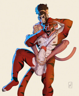 abs anthro areola balls biceps big_penis bodily_fluids chokehold cum cum_on_face cum_on_own_face cum_on_self cum_string cumshot duo ear_piercing ejaculation erection eyebrow_piercing facial_piercing feet fingers foot_fetish foot_play footjob fur genital_fluids genitals hair headlock humanoid_genitalia humanoid_penis larger_sub male male/male muscular muscular_anthro muscular_male nipple_piercing nipples nude open_mouth orgasm orgasm_face pecs penile penis piercing prehensile_feet prehensile_footjob sex simple_background size_difference smile spread_legs spreading submissive tail toes two-footed_footjob vein veiny_penis wrestling nevets felid haplorhine mammal monkey pantherine primate tiger digital_media_(artwork) hi_res