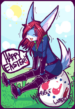 anthro biped blue_body blue_fur bracelet breasts clothed clothing day detailed_background dialogue egg eyes_closed female fur grass hair hand_on_leg heart_symbol holidays jewelry long_ears motion_lines open_mouth outside plant raised_tail red_hair side_view sitting sky small_breasts smile solo speech_bubble sun tail text white_body white_fur pinkyfreak easter lagomorph leporid mammal rabbit 2007 aliasing cel_shading digital_media_(artwork) english_text oekaki shaded