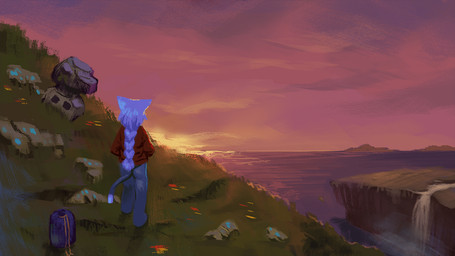 anthro barefoot bottomless butt clothed clothing detailed_background feet female hair kemono long_hair solo sunset water waterfall aruurara hashimoto-chan domestic_cat felid feline felis mammal 16:9 widescreen