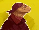 ambiguous_gender anthro clothing coat eyewear glasses grey_eyes headgear headkerchief headwear jacket kerchief simple_background solo sunglasses sweater teashades topwear turtleneck yellow_background amit komodo_dragon lizard monitor_lizard reptile scalie 2014