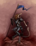 abstract_background anthro armor banner barefoot biped bracers breastplate chainmail claws dual_holding dual_wielding ear_piercing feet flag flag_(object) furgonomics greaves gun handgun holding_flag holding_object holding_weapon holster leather mace male melee_weapon outcrop pauldron piercing pike_(weapon) platemail ranged_weapon revolver rock scar solo southern sword tail tail_armor tail_tuft toe_claws tuft weapon yelling maelice ralban mammal sergal