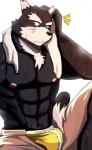 abs anthro biceps big_muscles black_body black_fur briefs bulge chest_tuft clothed clothing fur male muscular muscular_anthro muscular_male nipples pecs solo topless towel towel_around_neck tuft underwear bearlovestiger13 tooboe_bookmark nitobe canid canine canis domestic_dog mammal hi_res