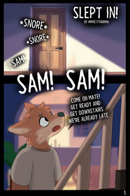 annoyed anthro black_border blurred_background border clothed clothing dialogue door door_handle grey_hair hair kitchen light looking_up male offscreen_character open_mouth page_number shadow shirt simple_background sleeping snoring stairwell sunlight text title topwear yelling imprettynormai patrick_(imprettynormai) canid canine mammal 2:3 absurd_res comic english_text hi_res