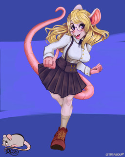 anthro big_breasts blonde_hair blouse blue_background bottomwear breasts clothing eyewear female fingers fur glasses hair nipple_outline open_mouth running school school_uniform simple_background skirt smile solo topwear uniform white_body white_fur ottersoup mammal mouse murid murine rat rodent 2020 4:5 absurd_res hi_res