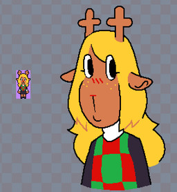 anthro antlers blonde_hair blush blush_lines brown_body brown_fur checkered checkered_background checkered_clothing checkered_topwear clothing female fur hair horn long_face long_hair pattern_background pattern_clothing pattern_topwear red_nose simple_background solo sprite sweater topwear asepriterico deltarune undertale_(series) noelle_holiday deer mammal new_world_deer reindeer 2025 reference_image