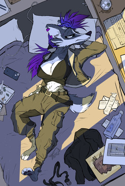 alternative_fashion anthro bed belt big_breasts black_body black_fur breasts cellphone cleavage clothed clothing ear_piercing electronics eyebrow_piercing facial_piercing female fur furniture hair jacket looking_aside looking_away lying midriff on_back on_bed open_clothing open_jacket open_shirt open_topwear partially_clothed phone piercing plantigrade pose punk purple_hair shirt slim smartphone solo topwear undercut white_body white_fur fyixen llydian_(fyixen) badger mammal mustelid musteline hi_res pinup