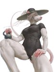 abs anthro athletic athletic_female black_clothing black_leotard breasts clothing female fingernails fur green_eyes hair hand_on_leg hand_on_thigh hat headgear headwear holding_object kettlebell leg_scar leotard long_hair looking_away low-angle_view medium_breasts nails ponytail scar sharp_fingernails sharp_nails short_sleeves solo tail thick_thighs white_body white_fur white_hair czerwonya mammal murid murine rat rodent digital_drawing_(artwork) digital_media_(artwork) hi_res