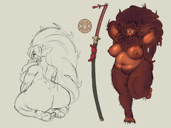 anthro areola big_breasts big_butt big_hair breasts brown_areola brown_body brown_fur brown_hair brown_nipples butt eyelashes feet female front_view fur genitals grey_background hair hands_behind_head kneeling long_hair navel nipples nude on_one_leg overweight overweight_female pointy_ears rear_view simple_background solo standing thick_thighs tusks vulva wide_hips brokadilla bugbear hi_res