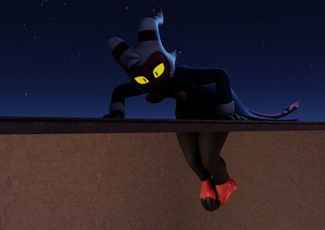 black_clothing black_horn bottomwear clothed clothing feet hair hooves horn looking_at_viewer male male_humanoid night outside pants red_body red_skin sky smile solo spade_tail star stripes tail teeth topwear white_hair yellow_eyes yellow_sclera brinsar hellaverse helluva_boss moxxie_(helluva_boss) demon demon_humanoid humanoid imp 3d_(artwork) digital_media_(artwork) hi_res