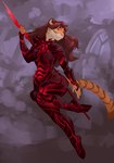 anthro armor big_breasts breasts colored_nails female fur hair looking_away nails red_armor red_eyes red_hair red_nails smile solo striped_body striped_fur stripes thick_thighs weapon kelkessel felid mammal pantherine tiger hi_res