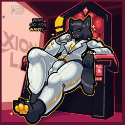 accessory anthro black_body bottomwear bulge chair clothed clothing cybernetic_eye cybernetic_limb cybernetics denim denim_bottomwear denim_clothing detailed_bulge femboy fur furniture gold_(metal) gold_jewelry hair jeans jewelry looking_at_viewer low-angle_view machine male narrowed_eyes necktie orange_eyes pants paws science_fiction sitting smug smug_face solo suit tail text throne nagifur sypher_(nagifur) domestic_cat felid feline felis mammal 1:1 digital_media_(artwork) english_text