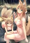 2_tails babydoll blonde_hair blue_eyes blush breasts cleavage clothed clothing duo female fox_tail green_eyes hair long_hair looking_at_viewer multi_tail nightgown partially_submerged rock sitting smile tail konozawa kokonoe_hisagi kokonoe_tsubaki animal_humanoid canid canid_humanoid canine canine_humanoid fox fox_humanoid humanoid mammal mammal_humanoid hi_res