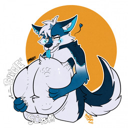 abdominal_bulge anthro belly big_belly blush blush_lines bodily_fluids claws clenched_teeth digestion digestion_noises ear_piercing fangs fur hair half-closed_eyes hand_on_belly heart_symbol inner_ear_fluff male muffled_speech narrowed_eyes navel nude piercing raised_tail saliva saliva_on_tongue saliva_string soft_vore solo sound_effects tail teeth text tongue tongue_out tuft vore awoogasm francis_pupper canid canine canis mammal wolf 2021 hi_res signature
