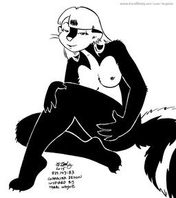 anthro bedroom_eyes breasts ear_piercing ear_ring female fur hair narrowed_eyes nipples nude piercing ring_piercing seductive solo tail text tegerio zandar's_saga kelly_o'dor mammal mephitid skunk 2015 black_and_white english_text monochrome