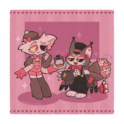 4_arms anthro bouquet chibi clothed clothing cupcake duo flower flower_bouquet food male multi_arm multi_limb plant tail karin_apple25 hazbin_hotel hellaverse angel_dust husk_(hazbin_hotel) arachnid arthropod demon domestic_cat felid feline felis mammal spider 1:1