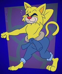 3_toes 4_fingers anthro barefoot blonde_hair blue_clothing blue_coveralls clothed clothing coveralls dancing eyes_closed fangs feet fingers fur gesture hair hand_behind_head hand_behind_own_head hand_gesture male pointing pose red_nose sharp_teeth smile solo tail teeth text three-quarter_view toes toony topless yellow_body yellow_ears yellow_fur yellow_tail gavanzude nintendo warioware spitz_(warioware) domestic_cat felid feline felis mammal 2024 artist_name digital_media_(artwork) hi_res