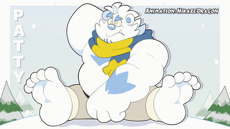 anthro belly big_feet blush bottomwear clothing confident_male confusion feet fur heart_symbol male musclegut muscular outside overweight overweight_male scarf shirtless shorts snow solo white_body white_fur hikazedragon anothereidos_of_dragon_vein_r patty_(anothereidos_r) yeti animated hi_res