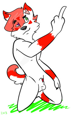 animal_genitalia anthro balls biped genitals gesture green_eyes hair hand_gesture heterochromia male middle_finger multicolored_hair nude penis penis_tip pink_eyes purple_eyes red_hair sheath simple_background smile solo tail backsash sash_(backsash) canid canine canis domestic_dog mammal 2013