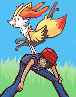 ambiguous_anthro ambiguous_gender anthro backwards_hat biped closed_smile clothed clothed_human clothed_male clothing cute_fangs digitigrade duo eyelashes fangs front_view grass hands_on_knees hands_on_legs hat headgear headwear leaning leaning_forward leapfrog male male_human motion_lines mouth_closed object_in_tail open_mouth open_smile outside plant side_view sky smile standing stick stick_in_tail tail teeth gd-058 nintendo pokemon calem_(pokemon) braixen canid generation_6_pokemon human mammal pokemon_(species) 2015 aliasing binary_drawing digital_drawing_(artwork) digital_media_(artwork) japanese_description translated_description female_(lore)
