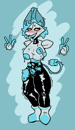 anthro big_breasts blue_background blue_body blue_fur blue_nipples blush bottomwear breasts clothing female fur genitals gesture hand_gesture legwear machine monotone_background nervous nipples pants simple_background smile solo stockings tight_clothing tights torn_bottomwear torn_clothing torn_legwear torn_pants torn_stockings v_sign vulva yellow_eyes breeda deltarune undertale_(series) tasque_manager darkner robot hi_res