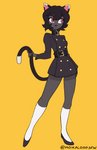 anthro belt blinking clothing ear_twitch female footwear hair holding_own_tail holding_tail legwear pink_eyes plantigrade short_hair simple_background socks solo tail tail_motion tail_swirl uniform yellow_background moikaloop black_cat_(colo) domestic_cat felid feline felis mammal 2020 animated hi_res short_playtime signature