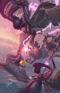 ambiguous_gender armor breasts brown_body brown_feathers butt cloud detailed_background feathered_wings feathers female feral fire flying group hair headgear helmet holding_melee_weapon holding_object holding_polearm holding_spear holding_sword holding_weapon horn magic melee_weapon membrane_(anatomy) membranous_wings mountain open_mouth outside polearm red_hair river spear spread_legs spreading sword tail unconvincing_armor weapon wings pindurski mythology dragon humanoid mythological_creature mythological_scalie scalie winged_humanoid 2022 hi_res