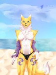 anthro big_breasts breasts camel_toe claws clothing female fur gloves handwear latex latex_clothing latex_panties latex_underwear looking_at_viewer nude open_mouth panties simple_background smile solo tail thights tight_clothing underwear white_body yellow_body conditional_dnp teremunart bandai_namco digimon canid digimon_(species) mammal renamon absurd_res hi_res