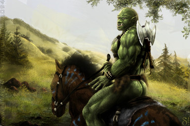 axe back_muscles biceps big_muscles body_hair bridle butt chest_hair clothed clothing duo fangs feral field grass green_body green_skin hairy humanoid_pointy_ears jockstrap landscape male melee_weapon mount muscular muscular_male nipples not_furry_focus nude outside pecs plant pointy_ears pose rear_view reins riding saddle sitting solo_focus teeth topless tree tusks underwear weapon delta2094 equid equine horse humanoid mammal orc 3:2