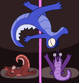 ambiguous_gender anthro dancing group looking_at_viewer nude open_mouth pole pole_dancing tongue trout_(artist) cartoon_movie_2016 alligator alligatorid crocodilian reptile scalie 2016 aliasing digital_media_(artwork)