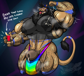 abs animal_genitalia anthro arm_hair armpit_hair balls baseball_cap beard beverage big_balls big_muscles big_pecs big_sheath bodily_fluids body_hair clothing cum facial_hair fangs flaccid flexing genital_fluids genitals hat headgear headwear holding_beverage holding_object huge_balls huge_pecs huge_sheath lactating leaking_cum leg_hair lgbt_pride male male_lactation muscular muscular_arms muscular_legs muscular_male musk nipple_outline pecs penis pride_colors raised_arm sheath shirt smile solo tail tail_tuft tattoo teeth thong tongue tongue_out topwear torn_clothing tuft underwear whiskers nethgoorat neth_rusiki_azhti felid lion mammal pantherine hi_res