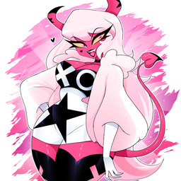 black_eyeliner choker clothing dress eyebrow_through_hair eyebrows eyeliner female hair heart_symbol horn jewelry legwear makeup necklace pink_body pink_eyes pink_hair pupils slit_pupils solo spade_tail stockings tail translucent translucent_hair yellow_sclera xan-gelx hellaverse helluva_boss verosika_mayday demon humanoid imp 1:1 hi_res