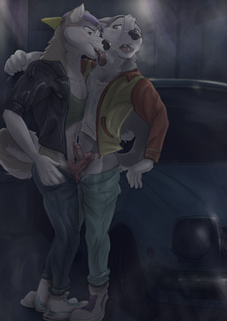 anthro bodily_fluids brown_eyes car clothing clothing_aside duo ears_back ears_up excited footwear genital_fluids genitals humanoid_genitalia jacket licking looking_pleasured male male/male night pivoted_ears precum provocative rubbing shoes sneakers street tongue topwear vehicle wolfyalex96 alaskan_malamute canid canine canis domestic_dog husky mammal nordic_sled_dog spitz hi_res