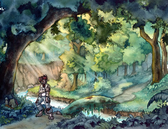 anthro backpack bridge claws clothed clothing creek female forest fur hair holding_arm horn light light_beam orange_sclera outside plant red_hair solo spade_tail standing sunbeam sunlight tail toe_claws tree water ruaidri mythology dragon furred_dragon furred_scalie mythological_creature mythological_scalie scalie