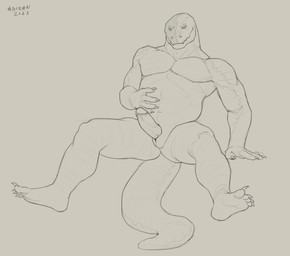 animal_genitalia anthro claws erection front_view genital_slit genitals humanoid_genitalia humanoid_penis male male_anthro mouth_closed muscular muscular_anthro muscular_male narrowed_eyes overweight overweight_anthro overweight_male pecs penis simple_background solo toe_claws aduran scalie 2023 absurd_res dated hi_res monochrome signature sketch