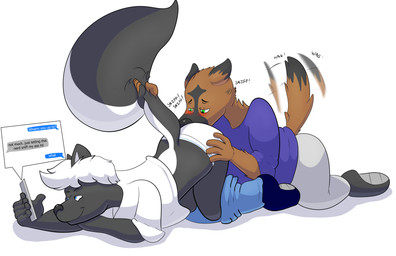 all_fours anthro ass_up black_body black_fur blue_eyes blush bottomwear bottomwear_down brown_body brown_fur butt butt_sniffing cellphone clothed clothed_anthro clothed_male clothing dipstick_ears dipstick_tail duo ear_markings electronics footwear fur green_eyes hair hand_on_butt holding_cellphone holding_object holding_phone holding_smartphone male markings multicolored_ears narrowed_eyes pants pants_down partially_clothed phone profanity raised_tail shoes simple_background smartphone smile sniffing sound_effects tail tail_grab tail_markings tail_motion tailwag text texting underwear white_background white_body white_fur white_hair bakertheskunk canid canine canis domestic_dog mammal mephitid skunk absurd_res english_text hi_res