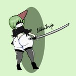 anthro butt clothed clothing female hair not_furry simple_background solo wide_hips eddiebrije nier_automata nintendo platinumgames pokemon yorha_2b generation_3_pokemon humanoid pokemon_(species) ralts 1:1 absurd_res hi_res