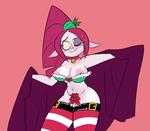 bangs bell belt big_breasts blush breasts cape clothed clothing collar eyeshadow fangs female hair holidays humanoid_pointy_ears legwear long_hair long_socks makeup nipples not_furry one_eye_closed pale_skin partially_clothed pointy_ears ponytail red_eyes red_hair skimpy smile solo stockings teeth thick_thighs herny christmas school_for_vampires gruftine humanoid undead vampire