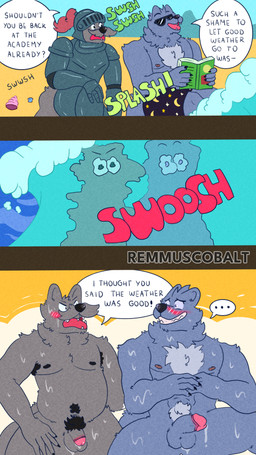 anthro armor armpit_hair beach belly big_penis body_hair chest_hair circumcised clothing duo embarrassed exposed genitals humiliation male male/male muscular nipples penis pubes swimming_trunks swimwear text remmus_cobalt canid canine canis domestic_dog mammal wolf 4k 9:16 absurd_res comic english_text hi_res