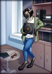 black_hair bottomwear clothed clothing denim denim_bottomwear denim_clothing ear_piercing eyewear female glasses hair jacket jeans pants piercing record shirt smile smiling_at_viewer solo standing topwear white_clothing white_shirt white_topwear oracle_sphinx new_order_(band) hyena mammal